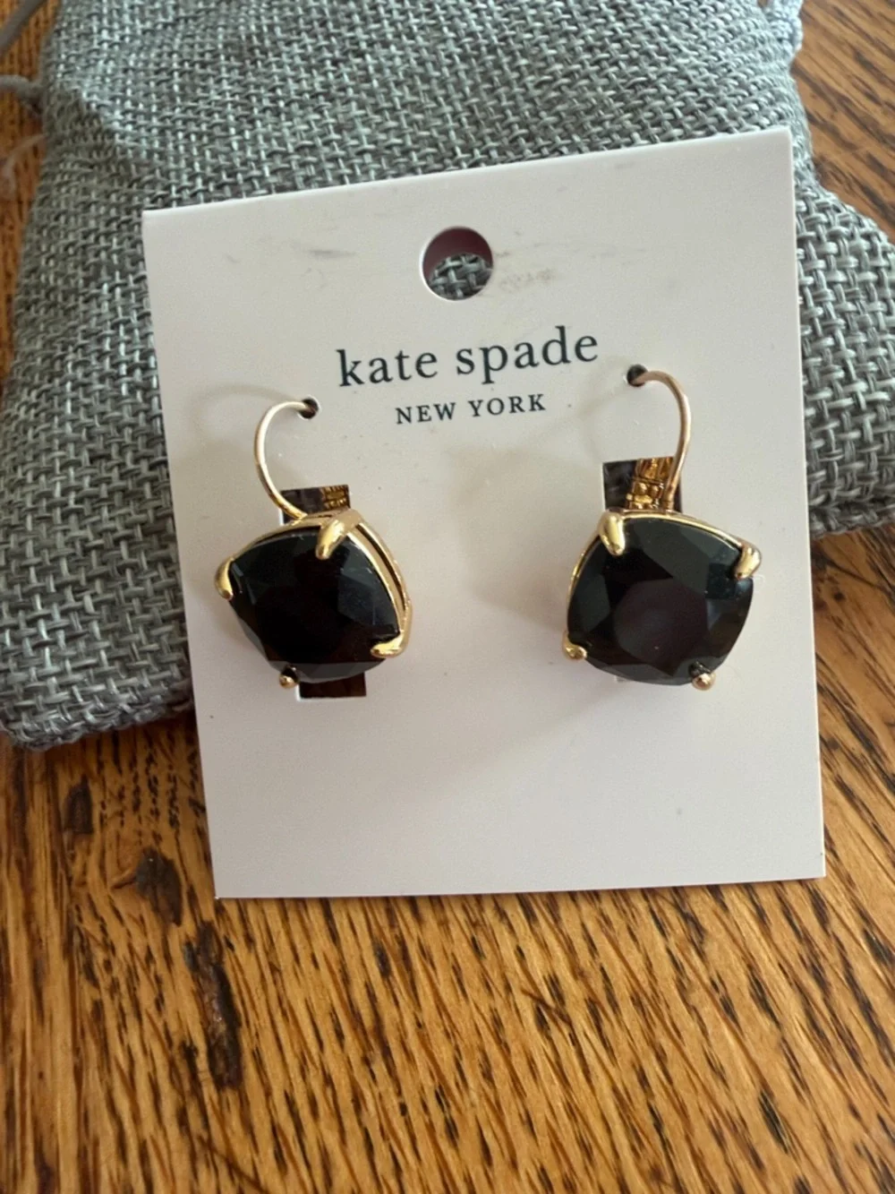 NWT KATE SPADE NY GOLD TONE CUSHION CUT LEVER BACK CZ DROP EARRINGS IN JET
